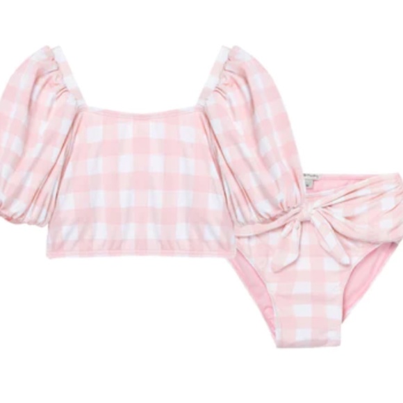 Habitual Girls Bubble Sleeve Two Piece Swimsuit Pink & Lt Blue & Navy NWT